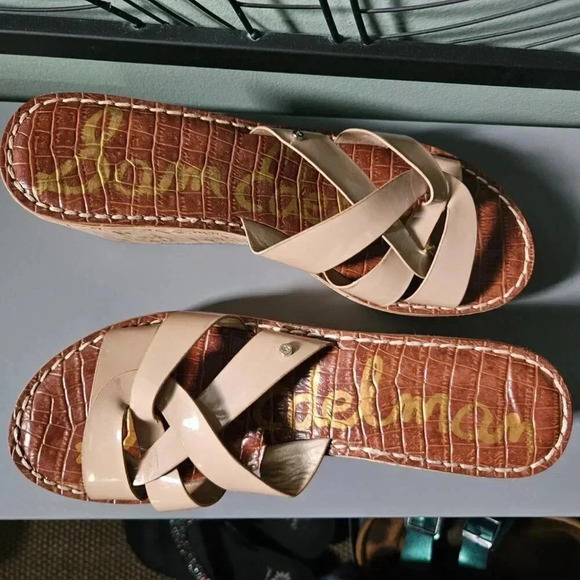 Sam Edelman |  Raynere Patent Cork Wedge Nude Slip On Sandals - Picture 3 of 16